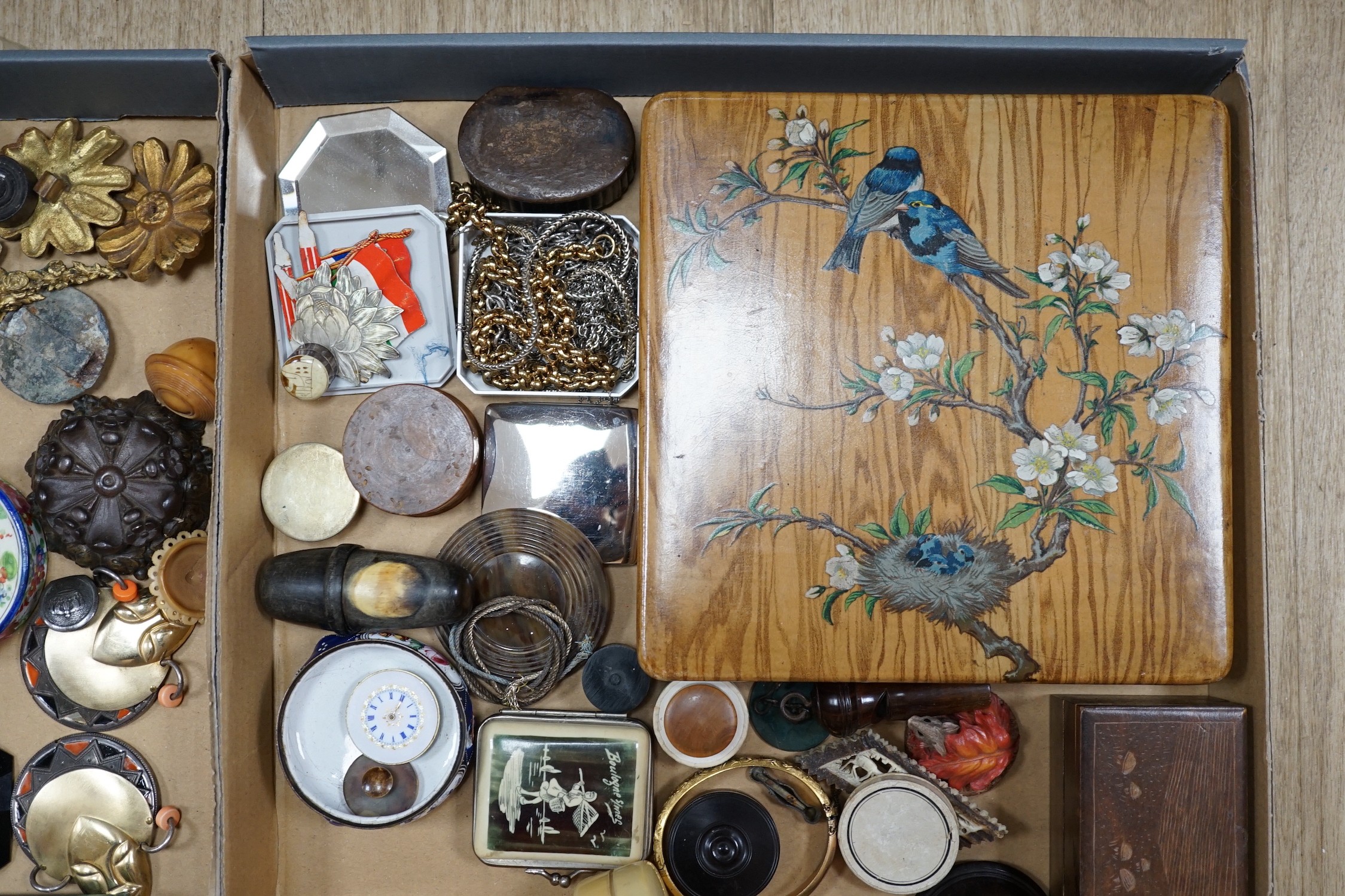 A collection of coquilla nut containers, various metal mounts, wooden and metal trinket boxes, mixed collectibles and jewellery